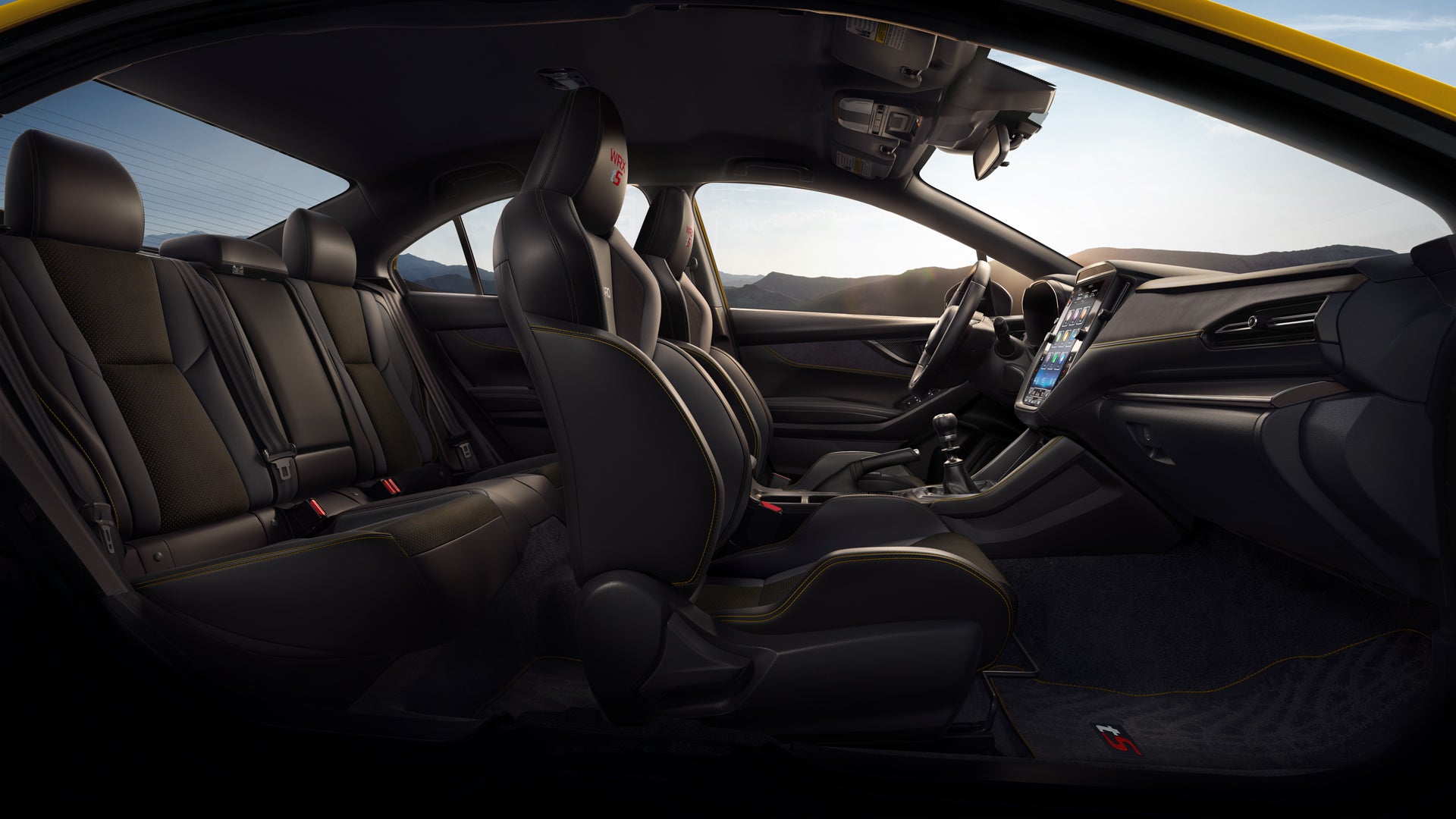 2026 Subaru WRX Series. Yellow Shown in Black Ultrasuede® Insert with Black Bolsters & Yellow Stitching